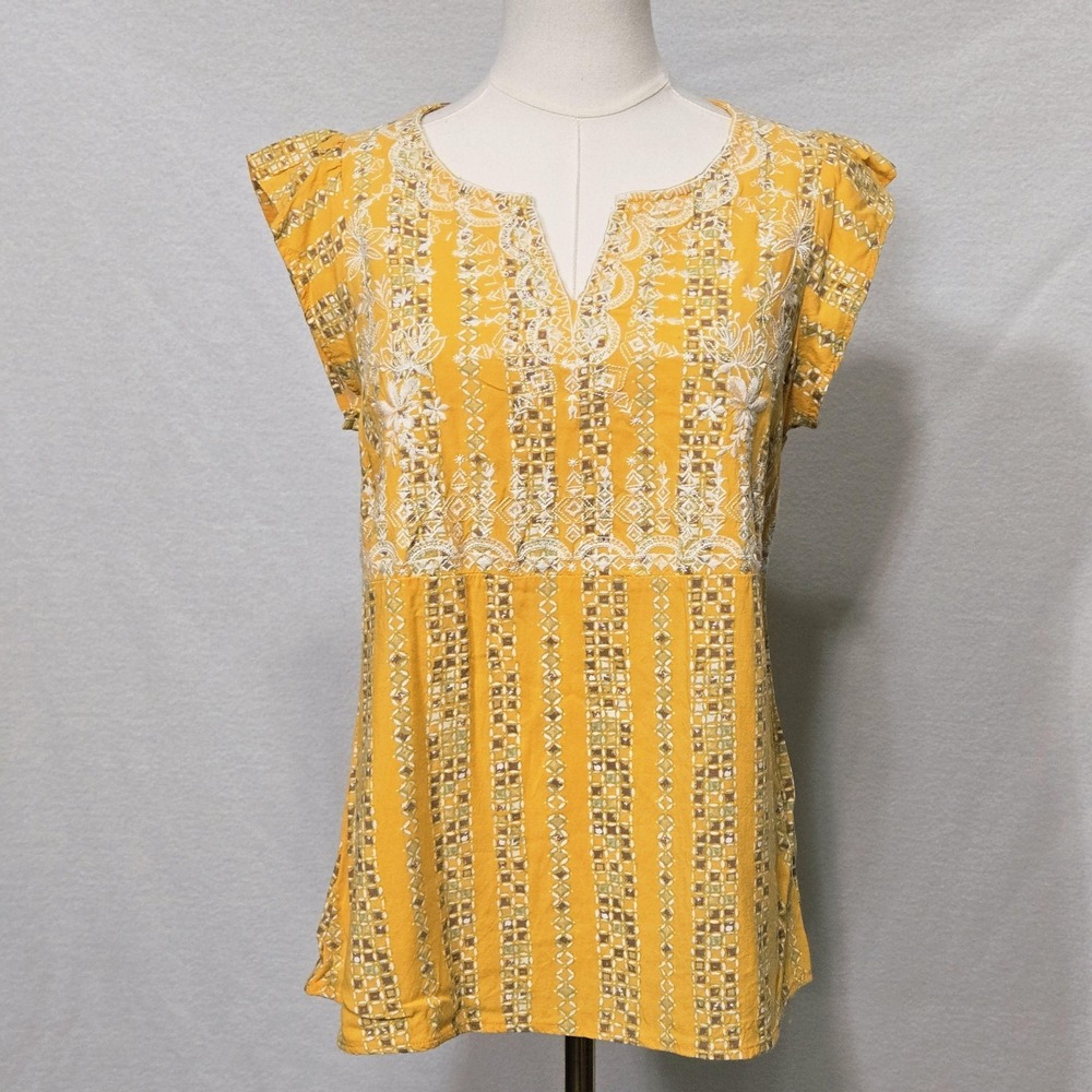 Savanna Jane Blouse Womens Small Yellow Embroidered Boho Tunic Flutter Sleeve - Picture 2 of 11